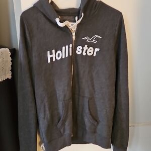 Hollister Charcoal Zip Hoodie with White Logo